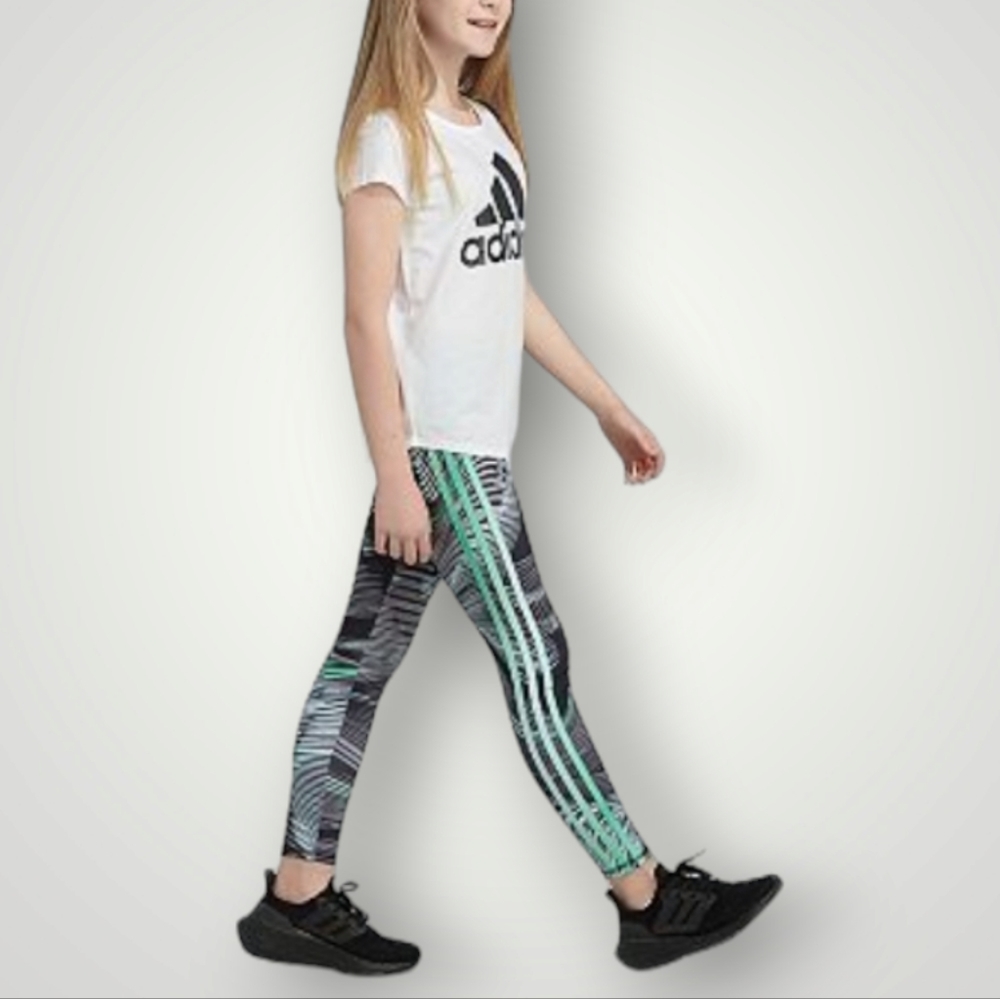 Adidas Girls 14 L Grey‎ Green Abstract Print Performance Leggings Activewear New
